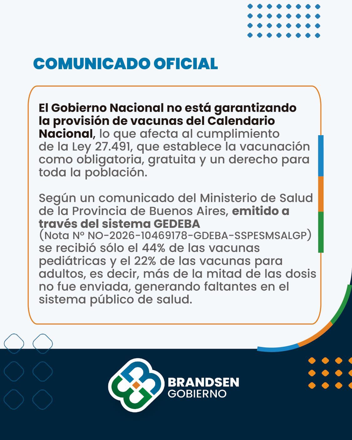 COMUNICADO OFICIAL. El Gobierno de la Nación envía menos vacunas y genera faltantes en el sistema de