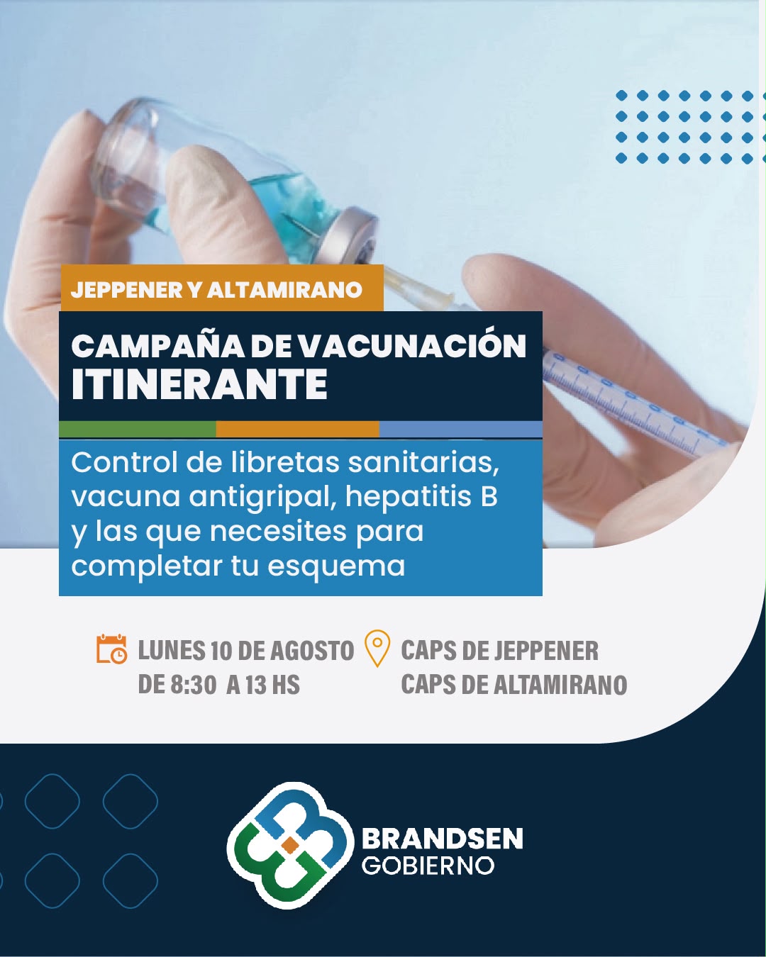 Campaña de Vacunación Itinerante: el lunes en Jeppener y Altamirano