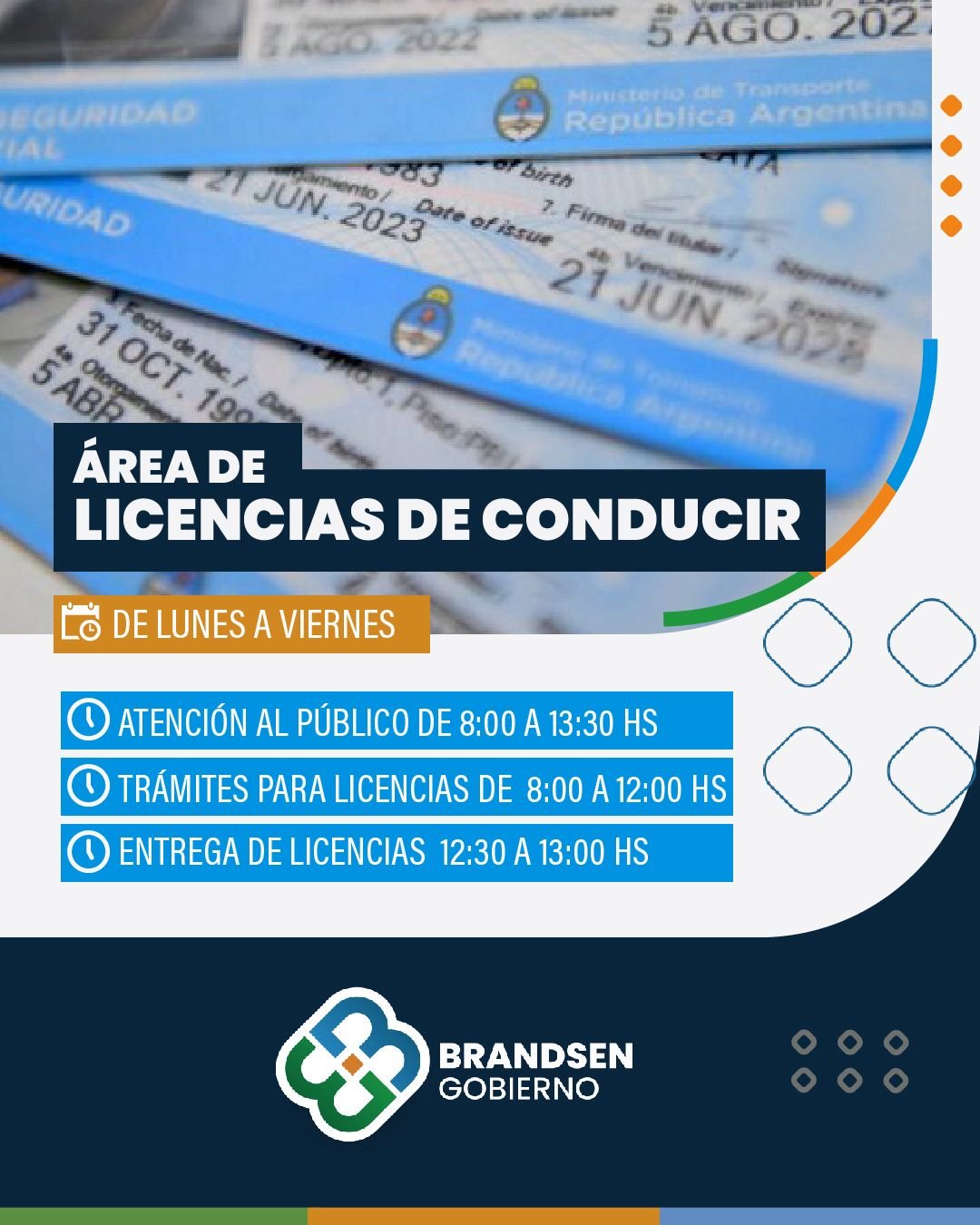 Horarios de atención del Área de Licencias de Conducir